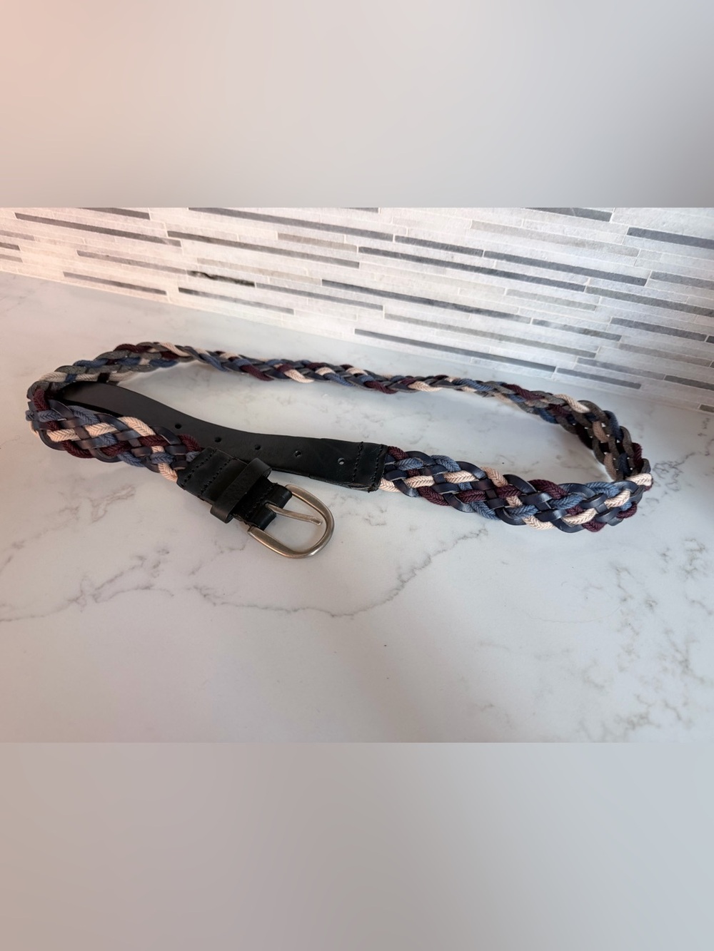 Braided Multicolor Belt with Black Leather Trim size M length 39”